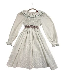 Polly Flinders Polka Dot Dress Size 8 White w/Green Smocked Embroidered Vintage